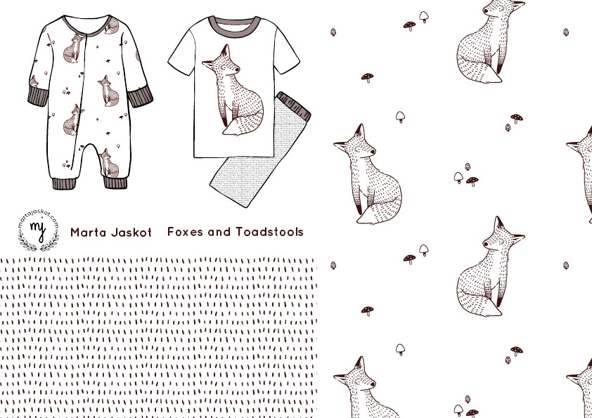 "Foxes and Toadstools" by Marta Jaskot – Whimsical Forest Animal Fabric and Clothing Pattern Design
Discover the charming "Foxes and Toadstools" design collection by Marta Jaskot, featuring hand-drawn illustrations of sitting foxes and tiny mushrooms. Perfect for children's pajamas, baby onesies, and woodland-themed textiles, this whimsical pattern showcases a minimalist, nature-inspired aesthetic in soft earthy tones. Ideal for fabric printing, nursery decor, and eco-friendly apparel.